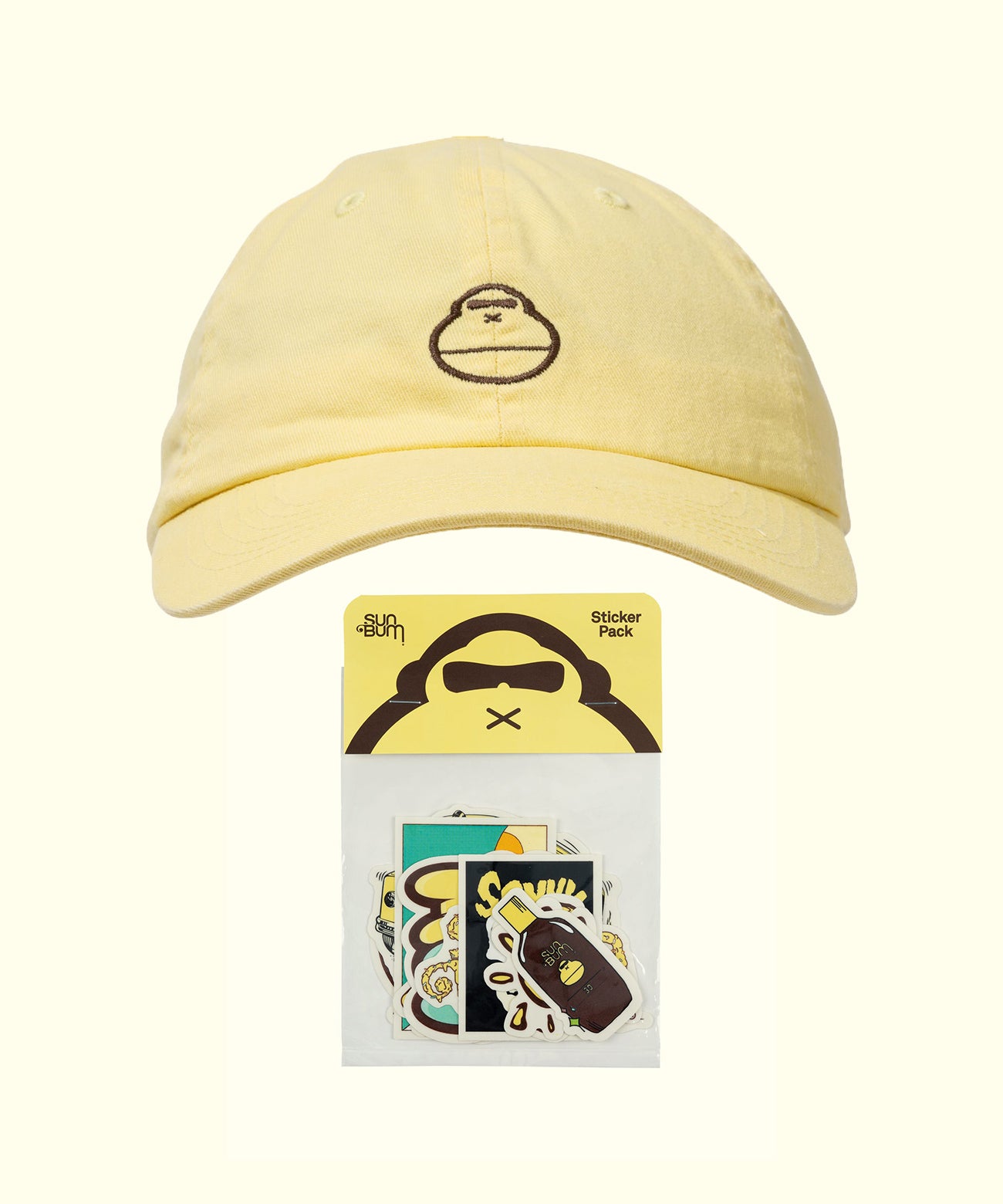Yellow cap with embroidered logo and sticker pack in the Bum Club Starter Pack by Sun Bum